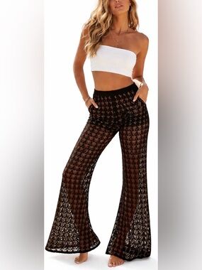 Free People Crochet Open Knit Flare Pants Boho Sheer Black Gold Size L Festival